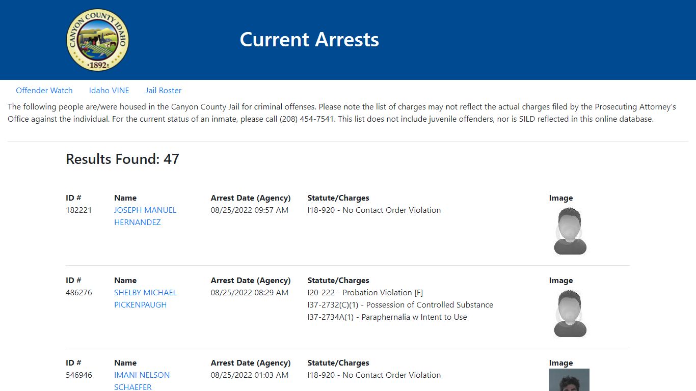 Current Arrests - Canyon County, Idaho